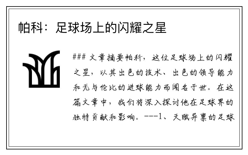 帕科：足球场上的闪耀之星